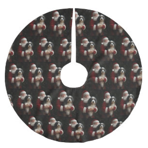 Bernedoodle with Santa Claus Festive Christmas  Brushed Polyester Tree Skirt