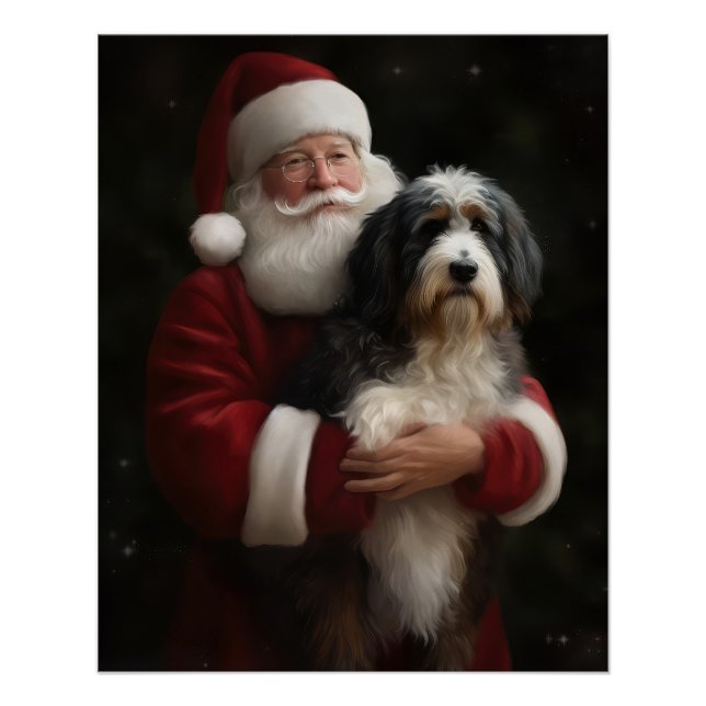 Bernedoodle with Santa Claus Festive Christmas  Poster (Front)