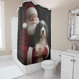 Bernedoodle with Santa Claus Festive Christmas  Shower Curtain