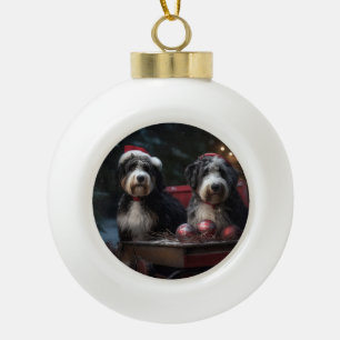 Bernedoodle's Snowy Sleigh Christmas Decor   Ceramic Ball Christmas Ornament