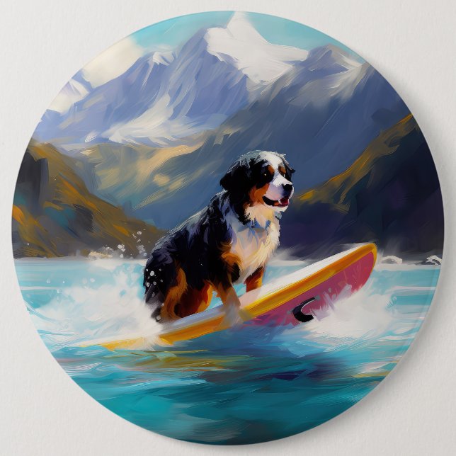 Bernese Mountain Beach Surfing Painting 6 Cm Round Badge (Front)