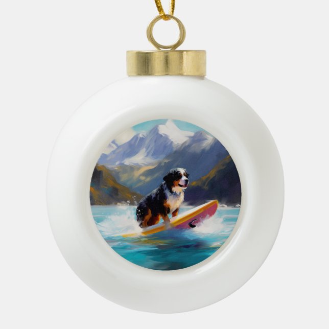 Bernese Mountain Beach Surfing Painting Ceramic Ball Christmas Ornament (Front)