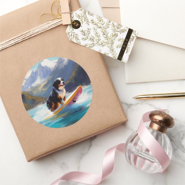 Bernese Mountain Beach Surfing Painting Classic Round Sticker (Gifting)