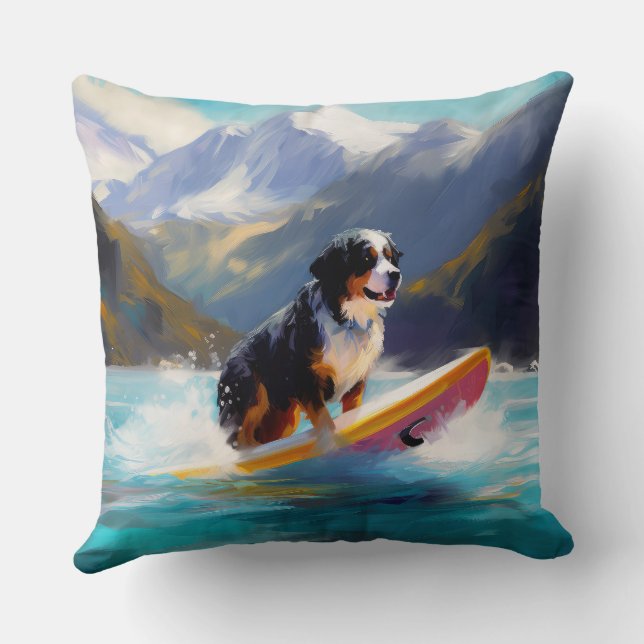 Bernese Mountain Beach Surfing Painting Cushion (Back)