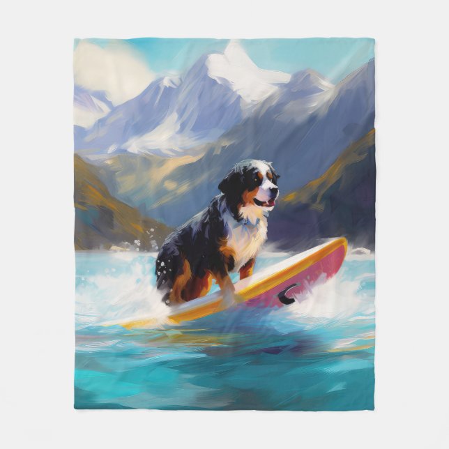Bernese Mountain Beach Surfing Painting Fleece Blanket (Front)