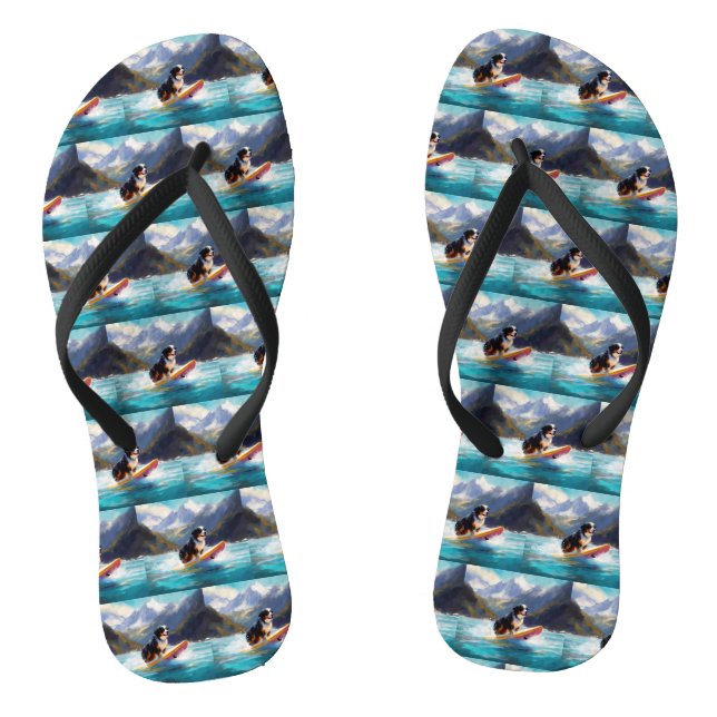 Bernese Mountain Beach Surfing Painting Flip Flops (Footbed)