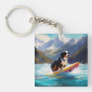 Bernese Mountain Beach Surfing Painting Key Ring