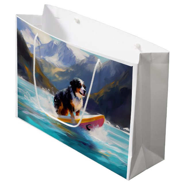 Bernese Mountain Beach Surfing Painting Large Gift Bag (Front Angled)