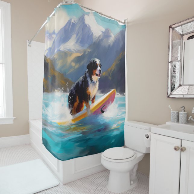 Bernese Mountain Beach Surfing Painting Shower Curtain (In Situ)