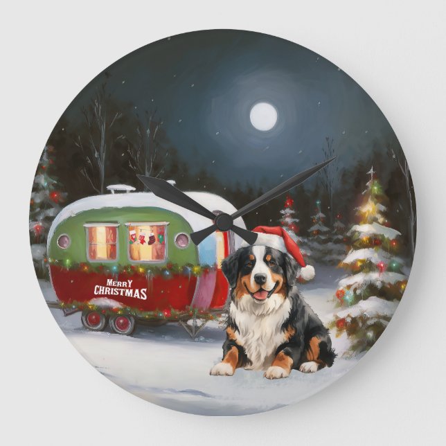 Bernese Mountain Caravan Christmas Adventure Large Clock (Front)