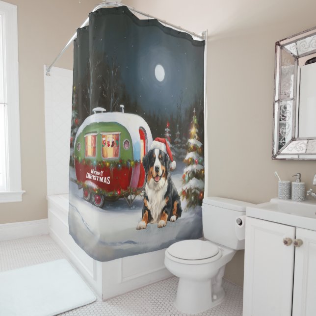 Bernese Mountain Caravan Christmas Adventure Shower Curtain (In Situ)