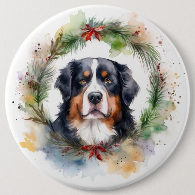 Bernese Mountain Christmas Wreath Festive Pup  6 Cm Round Badge (Front)
