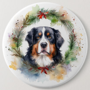 Bernese Mountain Christmas Wreath Festive Pup  6 Cm Round Badge