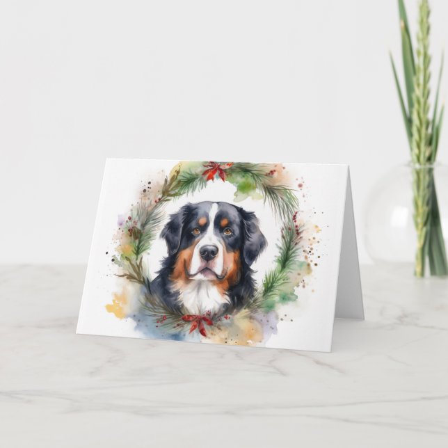 Bernese Mountain Christmas Wreath Festive Pup  Card (Front)