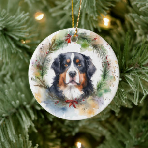 Bernese Mountain Christmas Wreath Festive Pup  Ceramic Tree Decoration