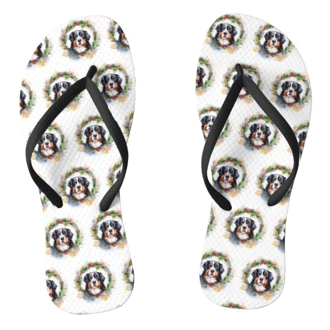 Bernese Mountain Christmas Wreath Festive Pup  Flip Flops (Footbed)