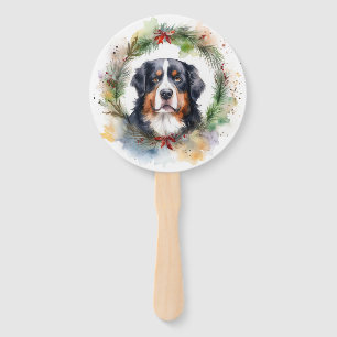 Bernese Mountain Christmas Wreath Festive Pup  Hand Fan