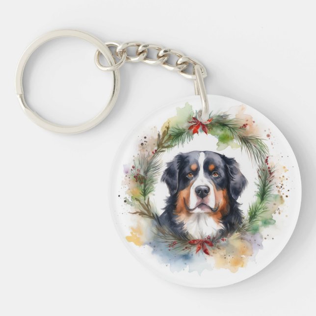 Bernese Mountain Christmas Wreath Festive Pup  Key Ring (Front)