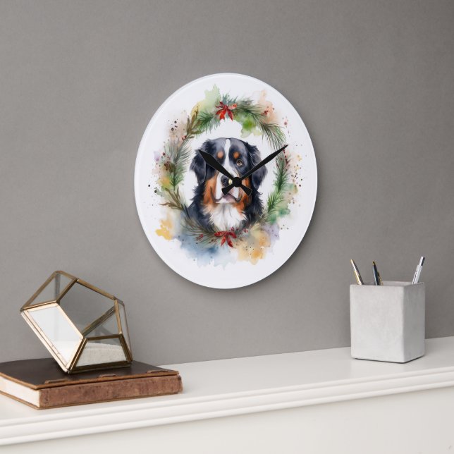 Bernese Mountain Christmas Wreath Festive Pup  Large Clock (Office)