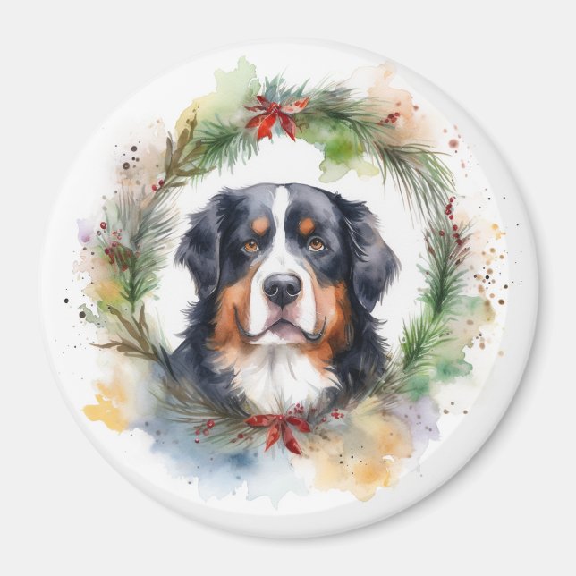Bernese Mountain Christmas Wreath Festive Pup  Magnet (Front)