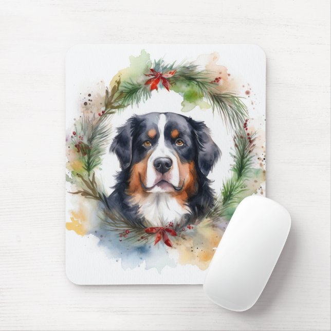 Bernese Mountain Christmas Wreath Festive Pup  Mouse Mat (With Mouse)
