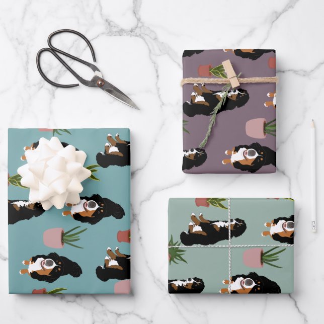 Bernese Mountain Dog and Houseplants Wrapping Paper Sheet (Front)