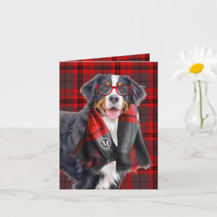 Bernese Mountain Dog and Red Plaid Monogrammed Card