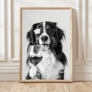 Bernese Mountain Dog and Wine Wall Art, Black and  Poster