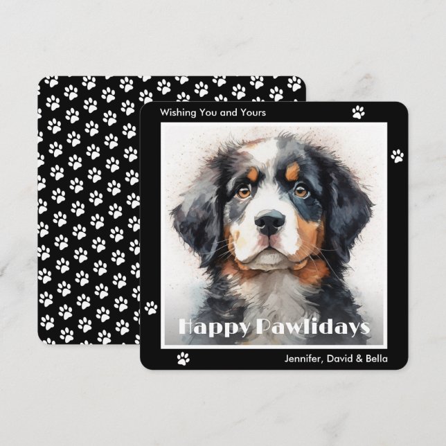 Bernese Mountain Dog Black Watercolor Christmas Holiday Card (Front/Back)
