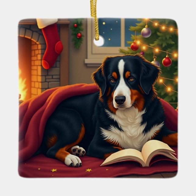 Bernese Mountain Dog Christmas Bedtime Story Ceramic Ornament (Front)