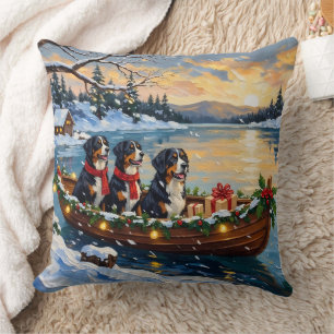 Bernese Mountain Dog Christmas Boat Holiday Cushion