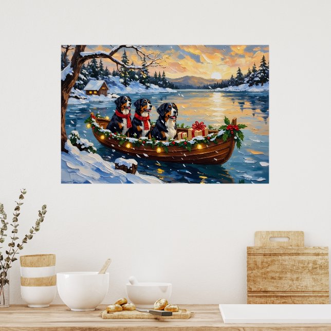 Bernese Mountain Dog Christmas Boat Holiday Poster (Kitchen)