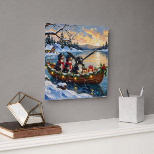 Bernese Mountain Dog Christmas Boat Holiday Square Wall Clock