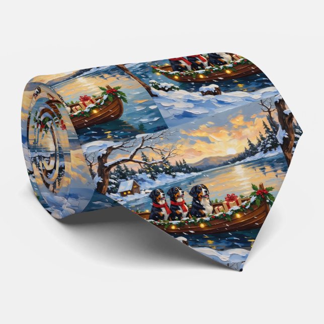 Bernese Mountain Dog Christmas Boat Holiday Tie (Rolled)