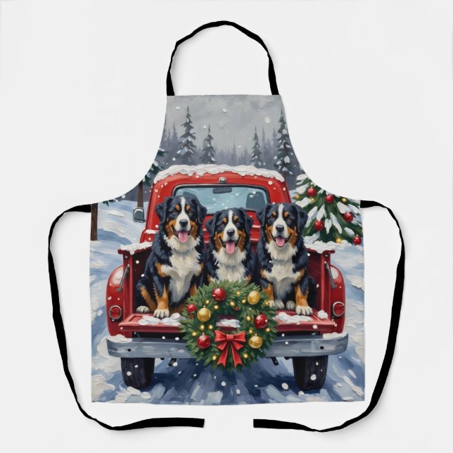 Bernese Mountain Dog Christmas Red Truck Holiday Apron (Front)