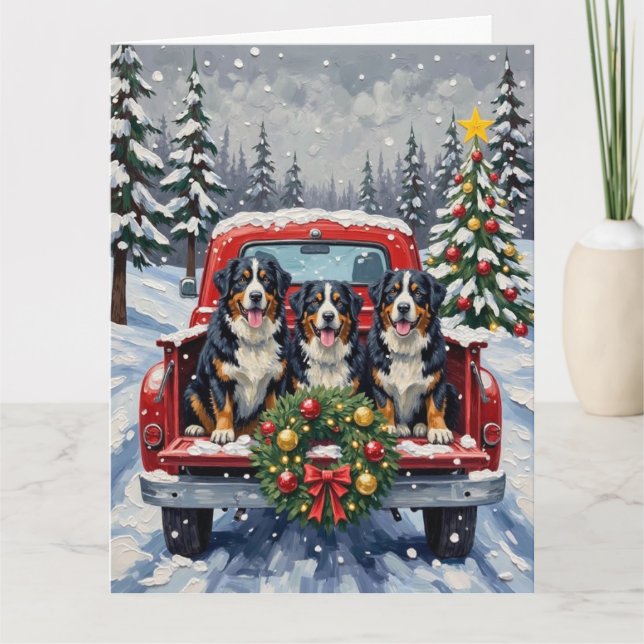 Bernese Mountain Dog Christmas Red Truck Holiday Card (Front)