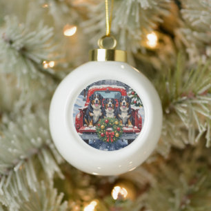 Bernese Mountain Dog Christmas Red Truck Holiday Ceramic Ball Christmas Ornament