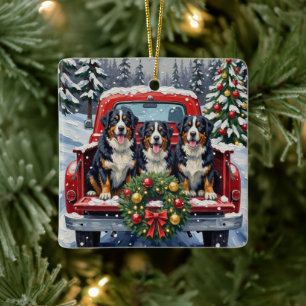 Bernese Mountain Dog Christmas Red Truck Holiday Ceramic Ornament