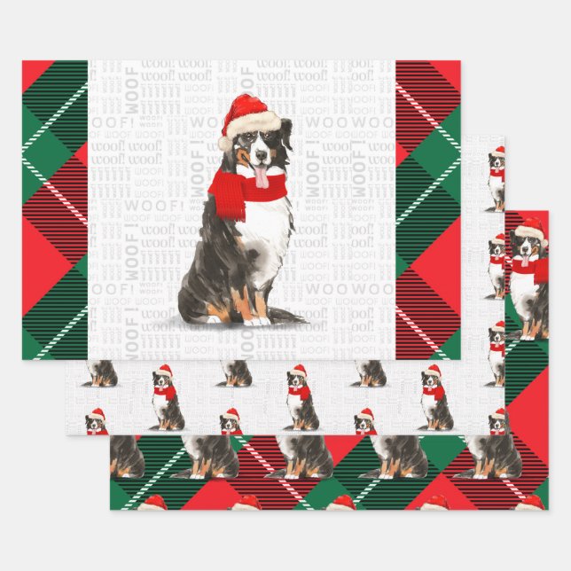 Bernese Mountain Dog Christmas Tartan Plaid Wrapping Paper Sheet (Set)