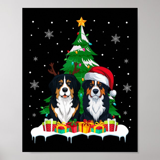 Bernese Mountain Dog Christmas Tree Lights Santa R Poster (Front)