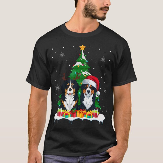Bernese Mountain Dog Christmas Tree Lights Santa T-Shirt (Front)