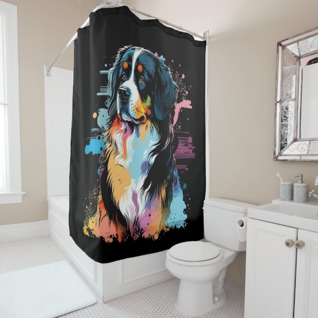 Bernese Mountain Dog Colourful Splash Art Bathroom Shower Curtain (In Situ)