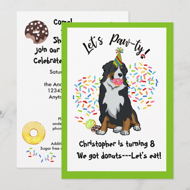 Bernese Mountain Dog Doughnut Birthday Party Invit Card (Front/Back)