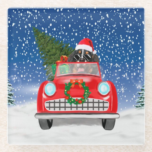 Bernese Mountain Dog Driving Car In Snow Christmas Glass Coaster (Front)
