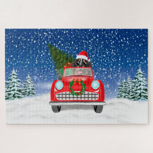 Bernese Mountain Dog Driving Car In Snow Christmas Jigsaw Puzzle