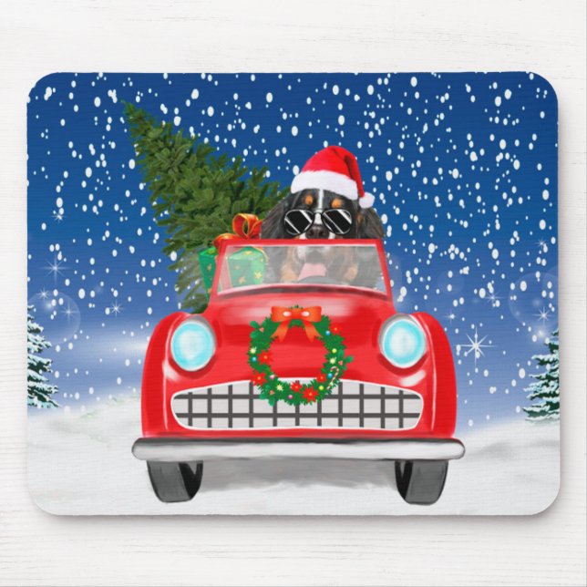 Bernese Mountain Dog Driving Car In Snow Christmas Mouse Mat (Front)
