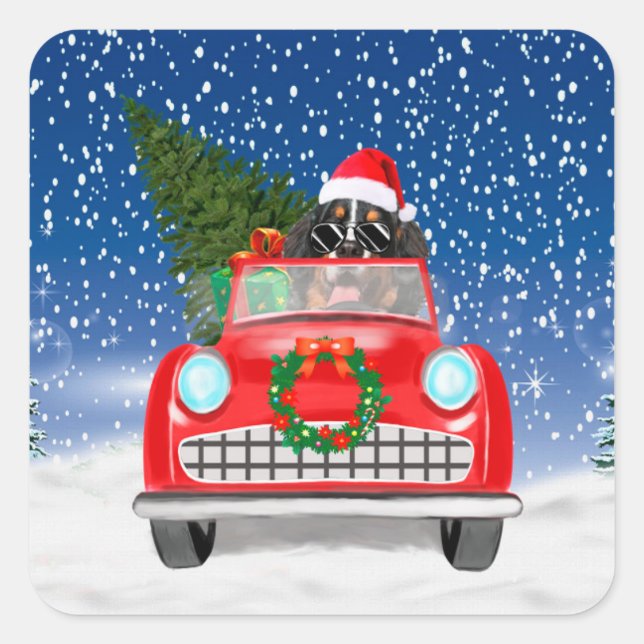 Bernese Mountain Dog Driving Car In Snow Christmas Square Sticker (Front)