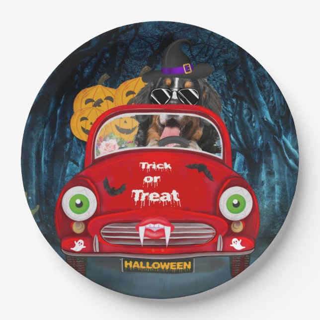 Bernese Mountain Dog Driving Car Scary Halloween  Paper Plate (Front)