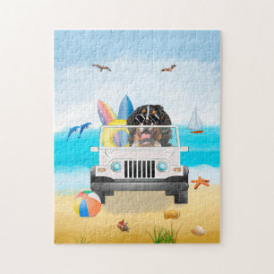 bernese mountain Dog Driving on Beach Jigsaw Puzzle