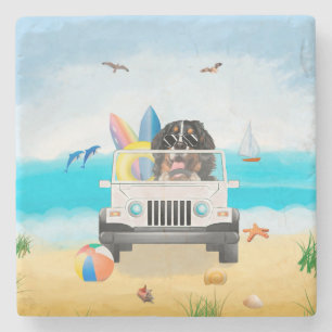 bernese mountain Dog Driving on Beach Stone Coaster